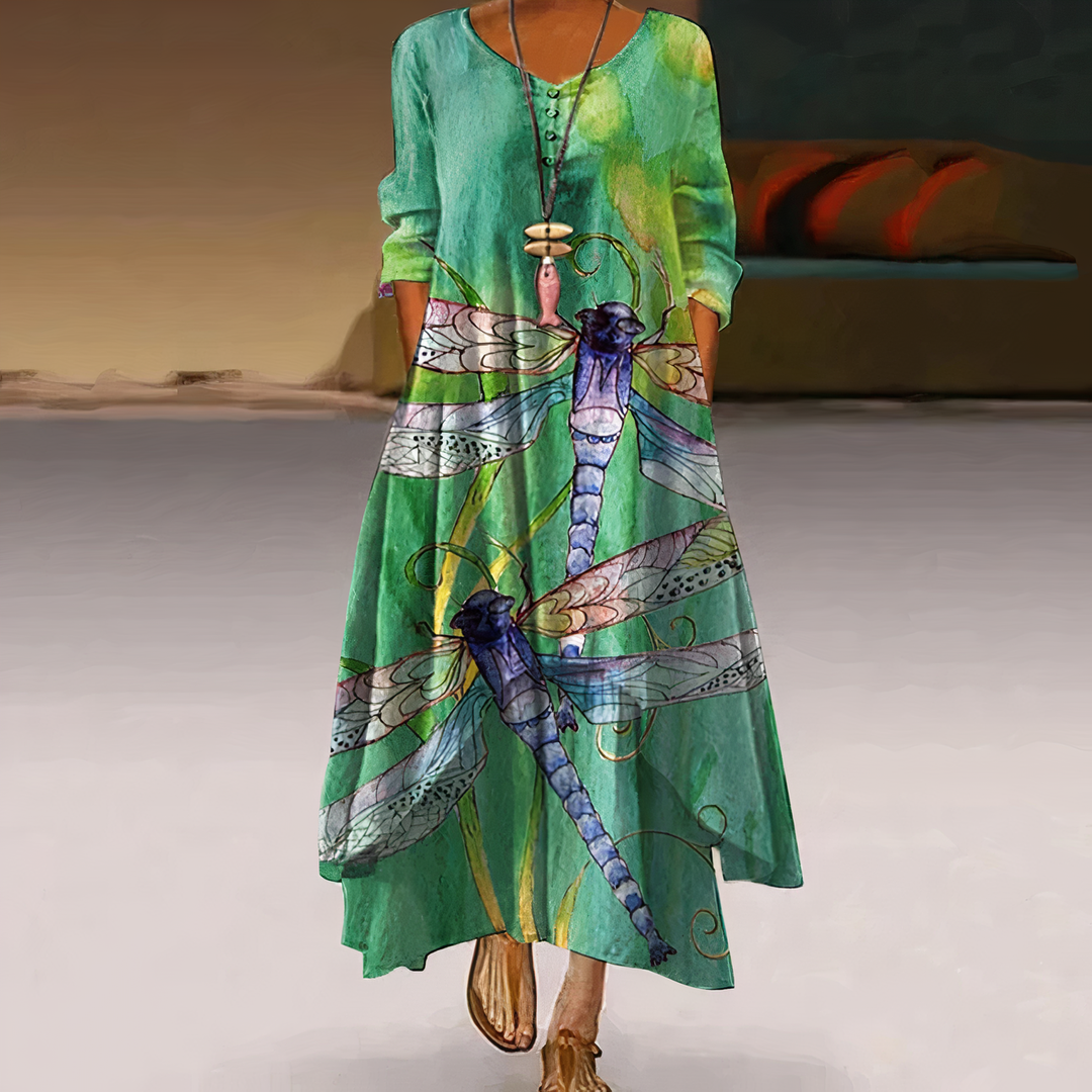 Duttini | Feminine Floral Print Long Sleeve Loose Maxi Dress