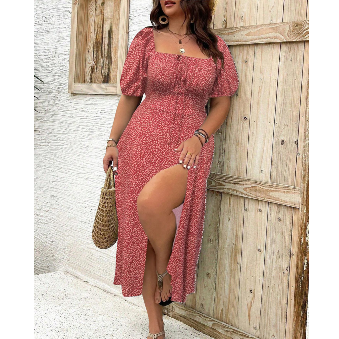 Duttini | Romantic Classy Plus Size Puff Sleeve Maxi Dress