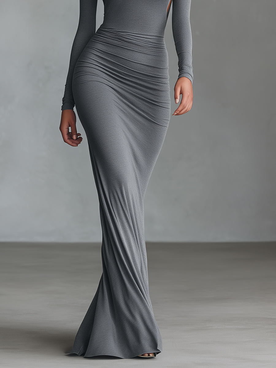 Duttini | Grey Knit Ruched Evening Dress