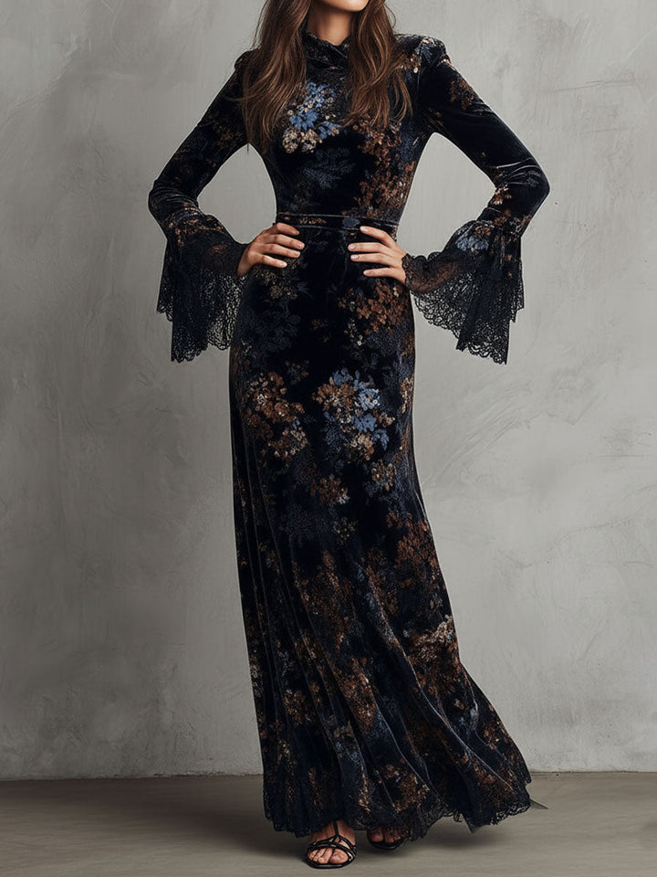 Duttini | Velvet Floral Midnight Evening Dress