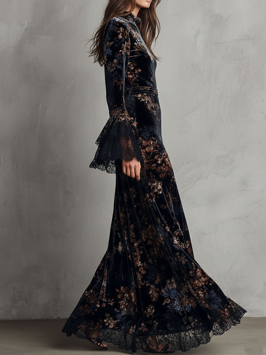 Duttini | Velvet Floral Midnight Evening Dress