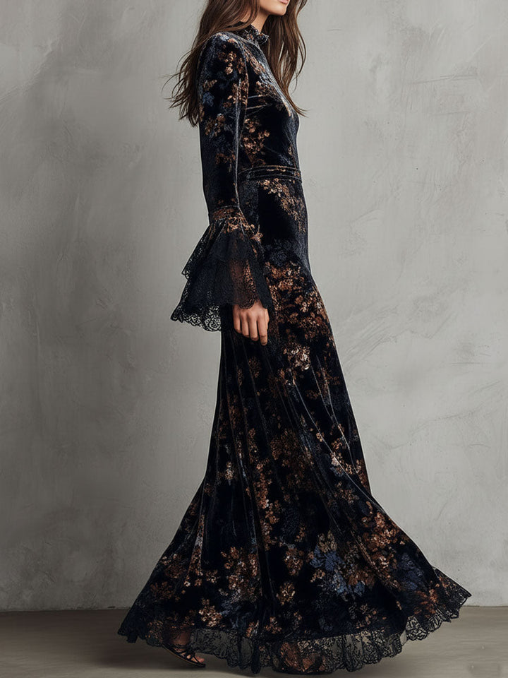Duttini | Velvet Floral Midnight Evening Dress