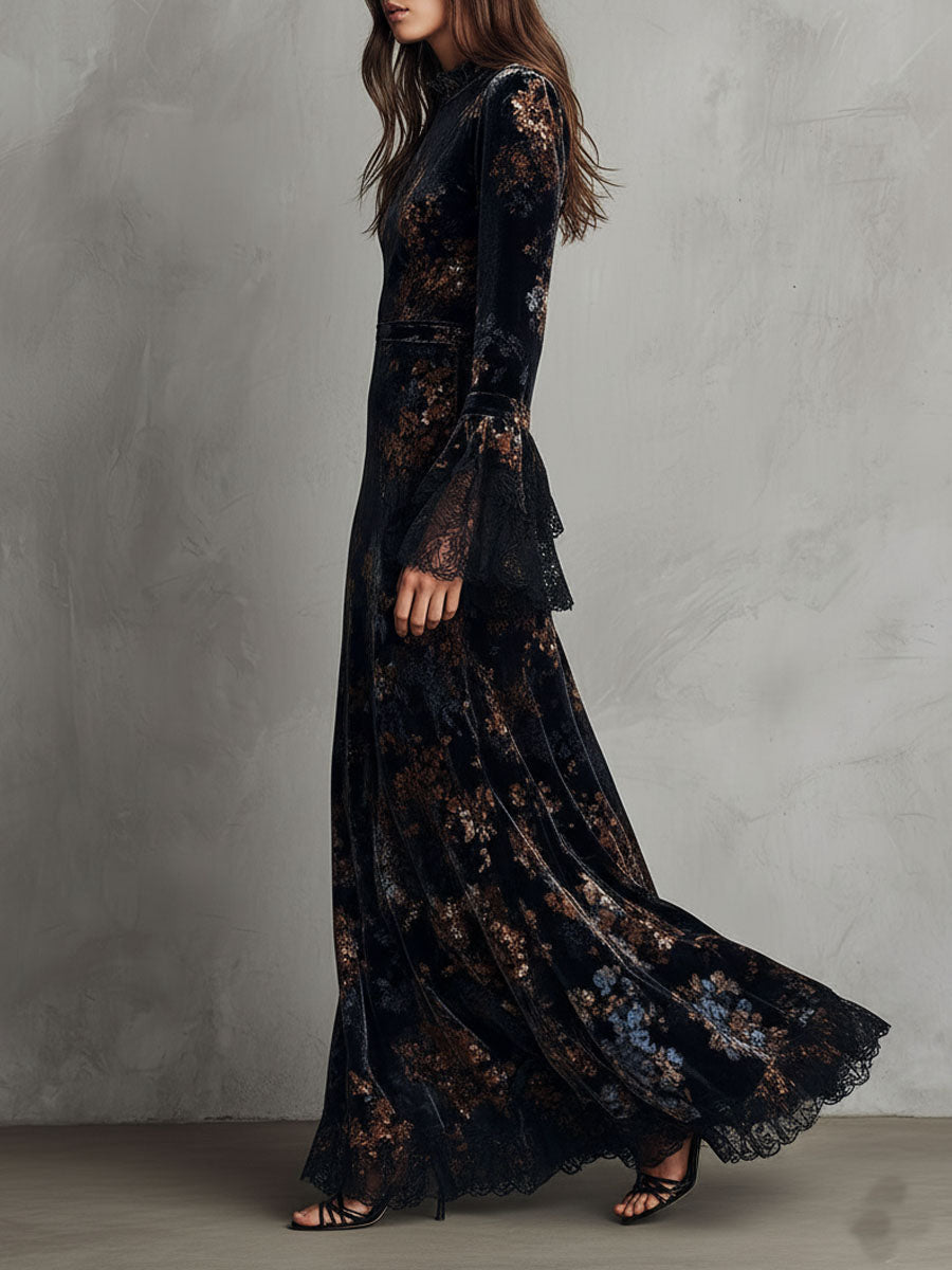 Duttini | Velvet Floral Midnight Evening Dress