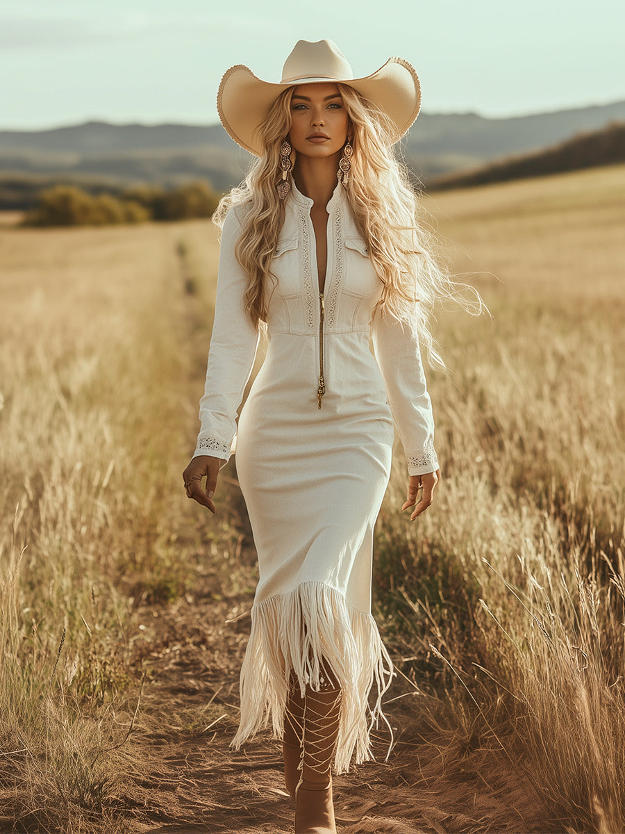 Duttini | White Denim Tassel Casual Dress