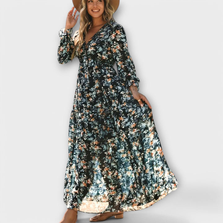 Duttini | Sculpted Floral V-Neck Maxi Dress in a Flattering Cut