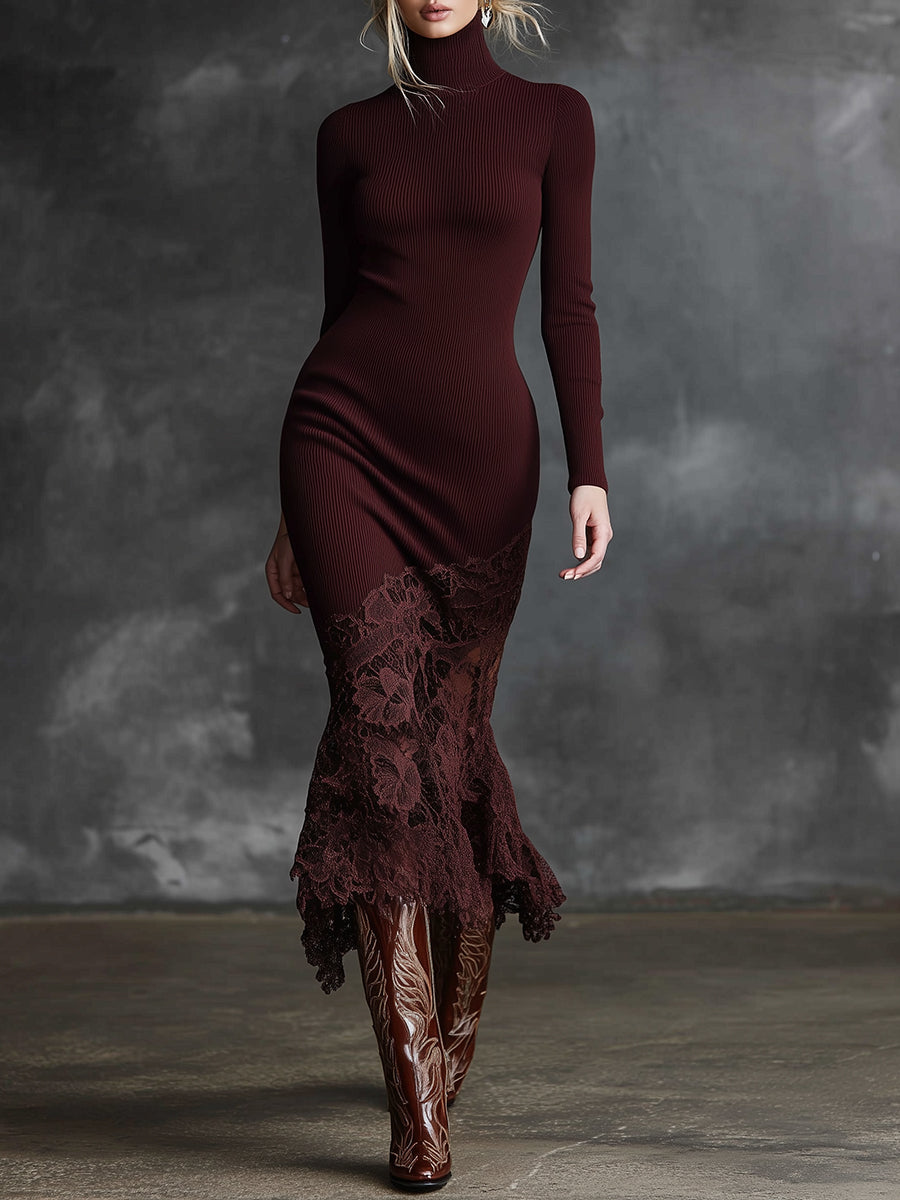 Duttini | Burgundy Lace Evening Dress