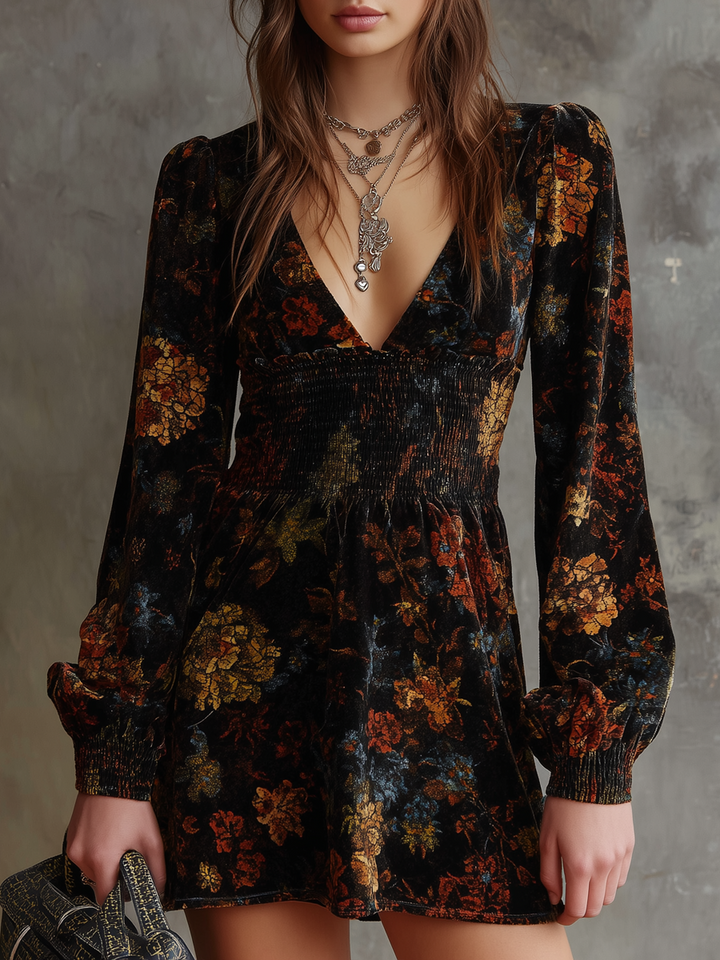Duttini | Retro Floral Print Pleated Waist Dress