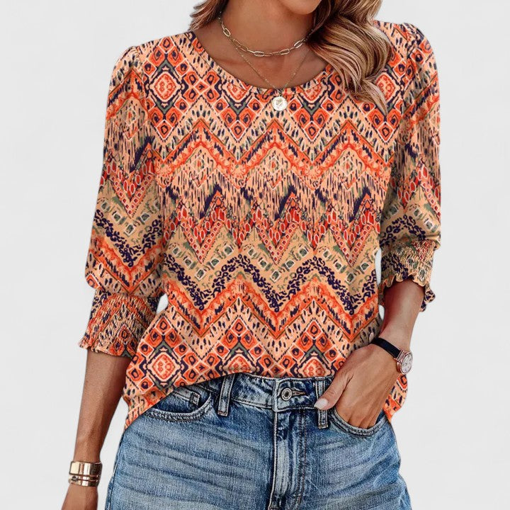 Duttini | Graceful Smocked Cuff 3/4 Sleeve Crew Neck Top