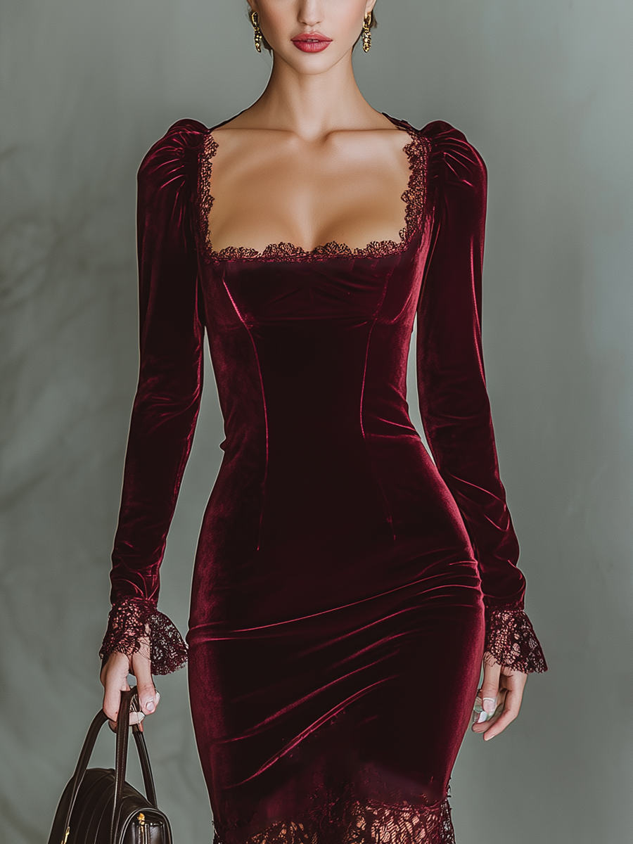Duttini | Burgundy Velvet Evening Dress