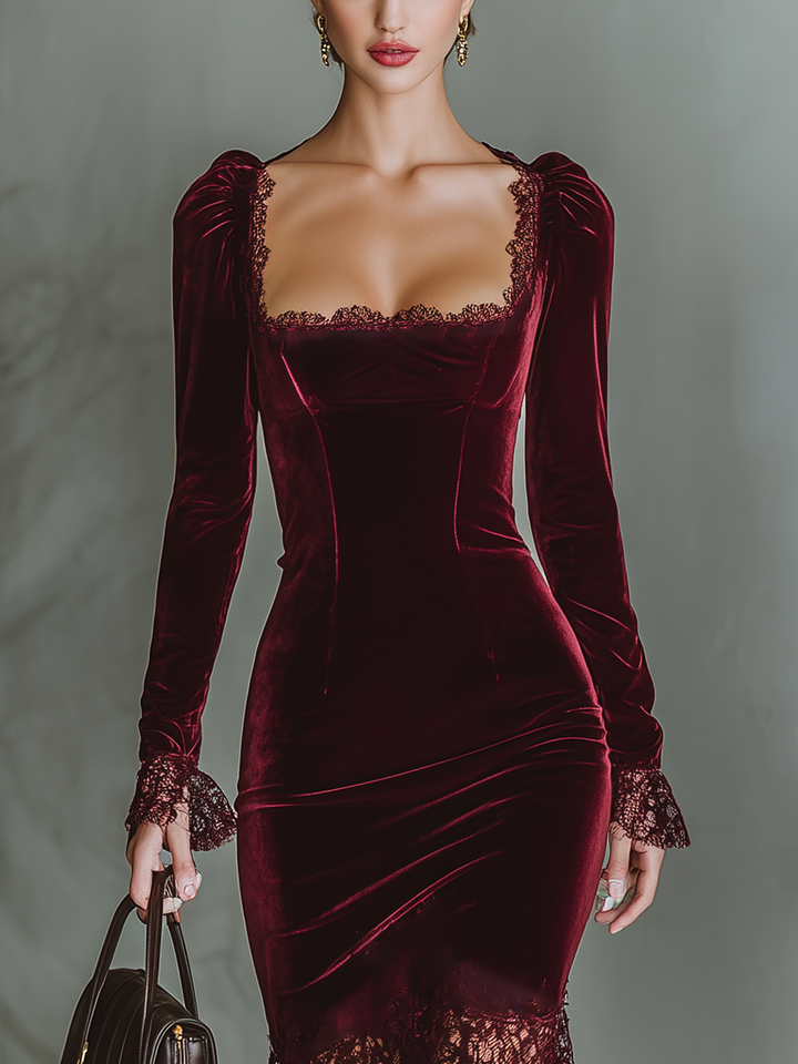 Duttini | Burgundy Velvet Evening Dress