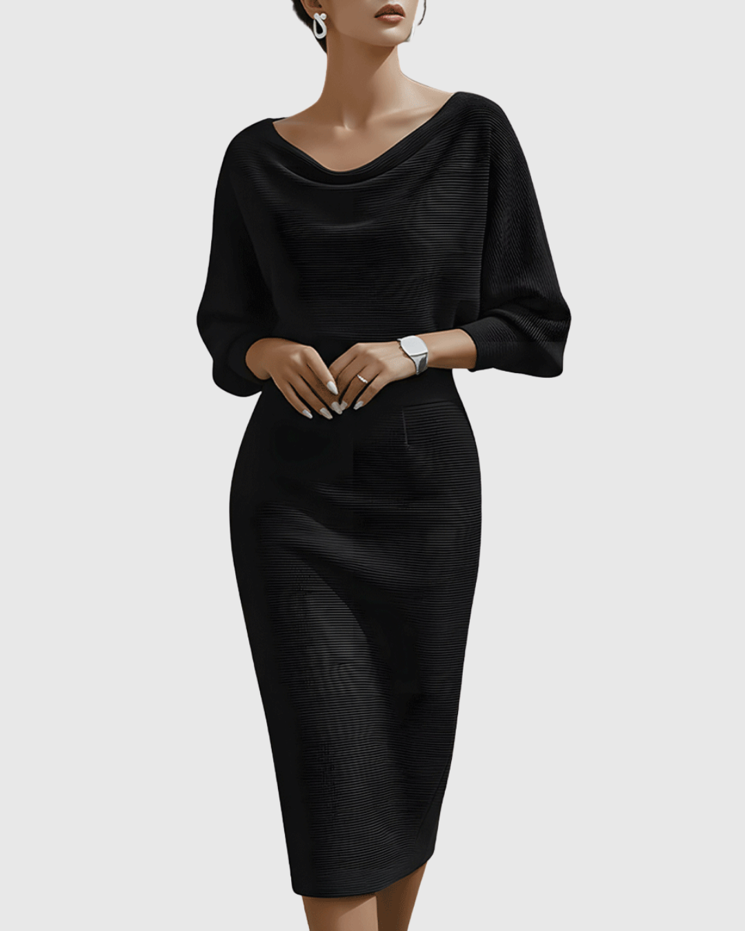Duttini | Elegant Cowl Neck Batwing Sleeve Ribbed Midi Dress