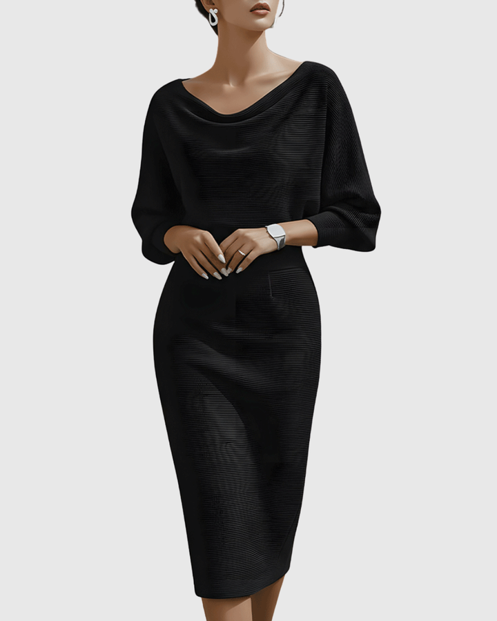 Duttini | Elegant Cowl Neck Batwing Sleeve Ribbed Midi Dress