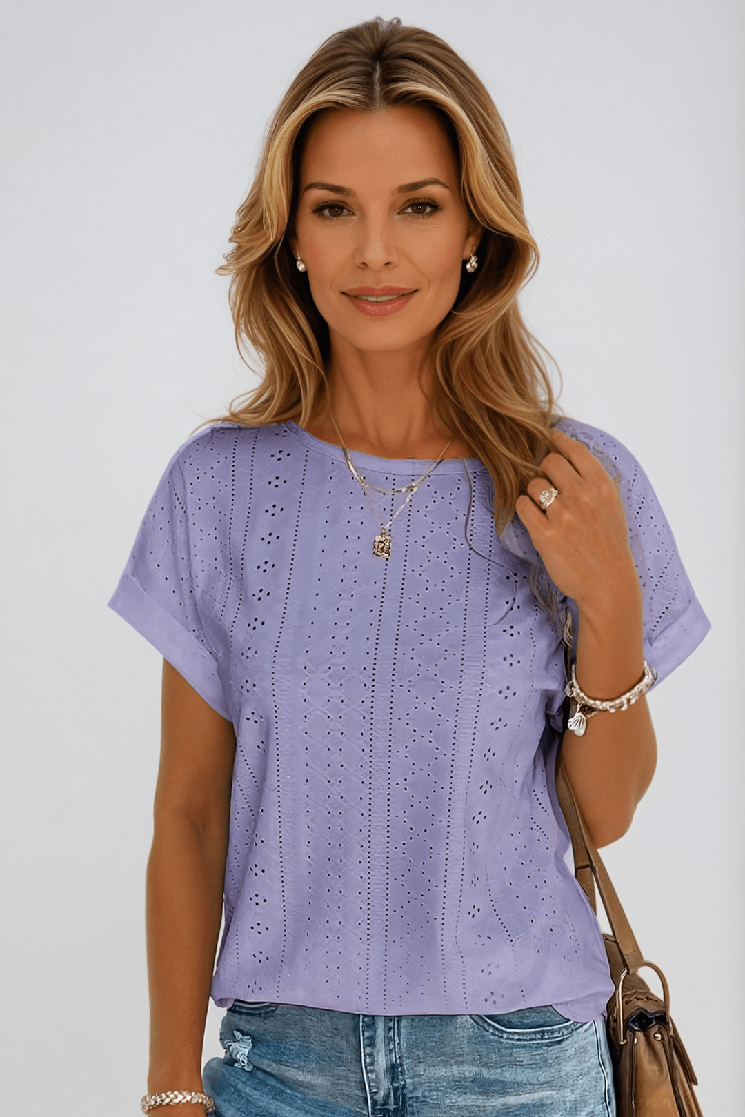 Duttini | Graceful Eyelet Embroidered Crew Neck Short Sleeve Top