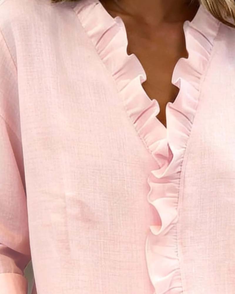 Duttini | Luxe Ruffle V-Neck Long Sleeve Blouse Spring Top