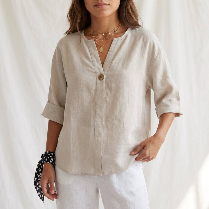 Duttini | Flowing Cotton Linen V-Neck Blouse With Button Front And Cuffed Sleeves