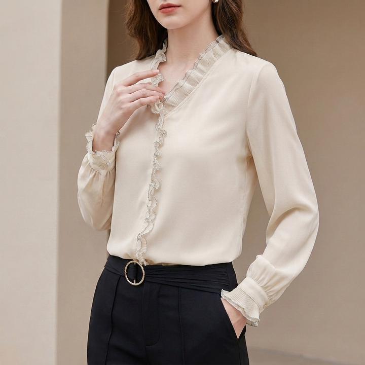 Duttini | Elegant Long Sleeve Sheer Chiffon Blouse With Ruffled V-Neckline