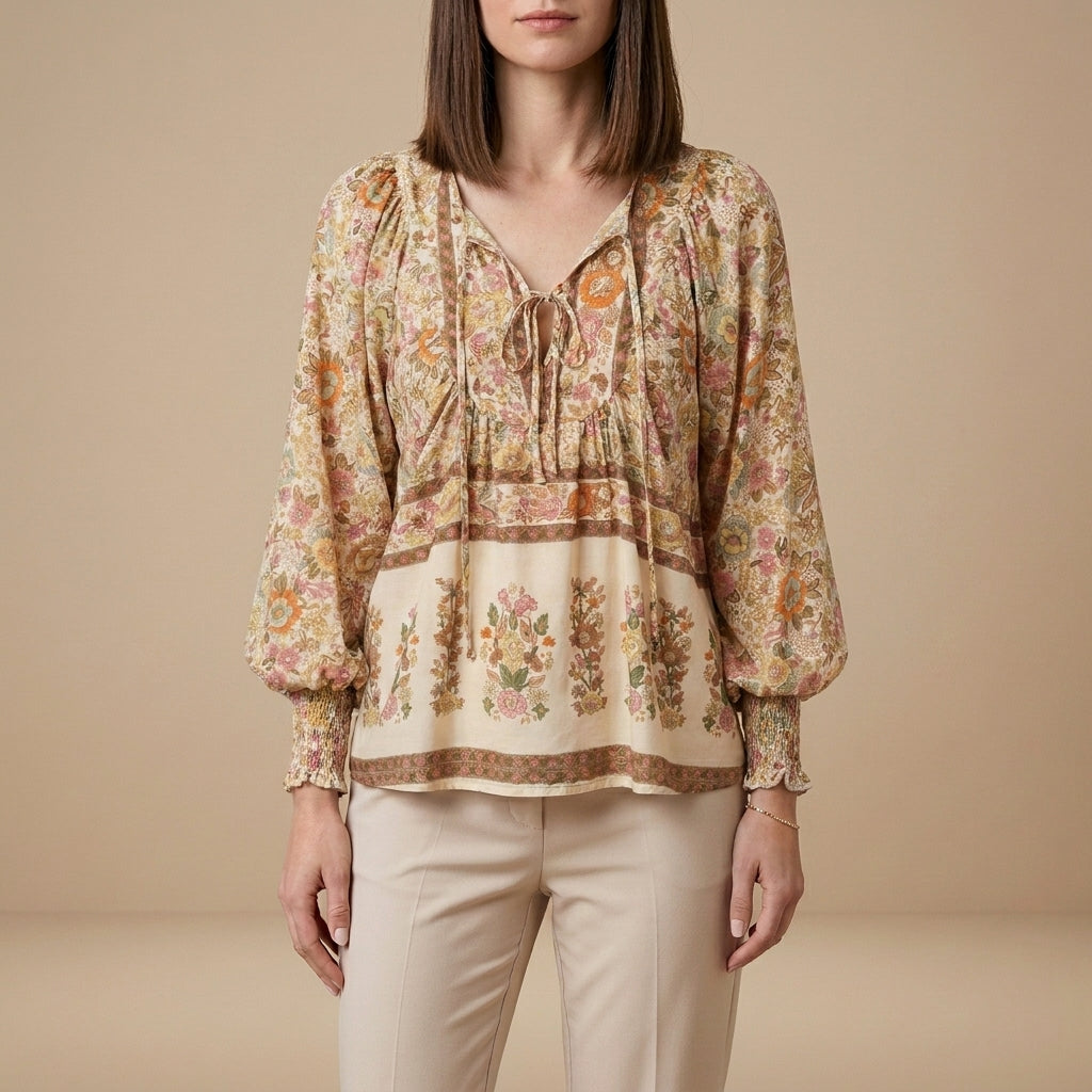 Duttini | Flowing Bohemian Floral Patchwork Peasant Blouse With Tassel Tie Neck
