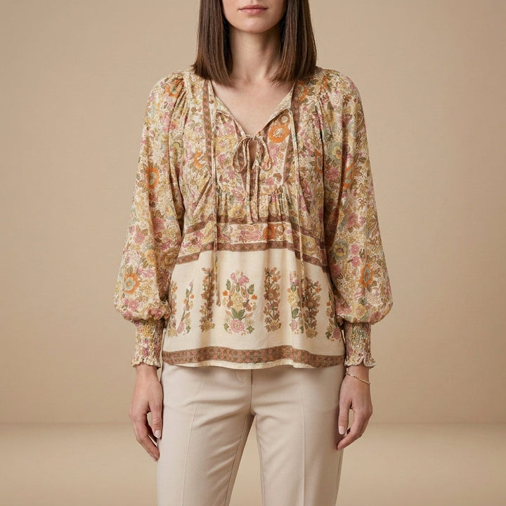 Duttini | Flowing Bohemian Floral Patchwork Peasant Blouse With Tassel Tie Neck