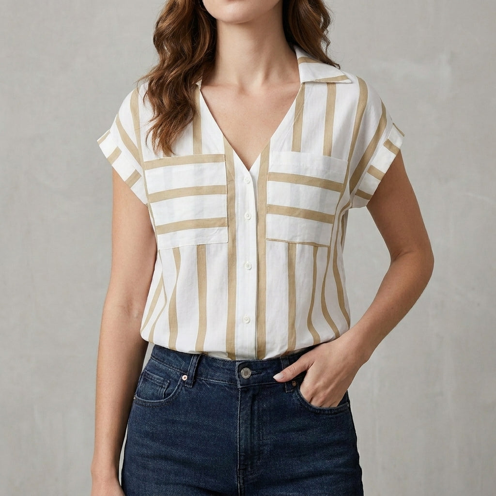 Duttini | Timeless Harbor Breeze Striped Relaxed Button-Front Blouse