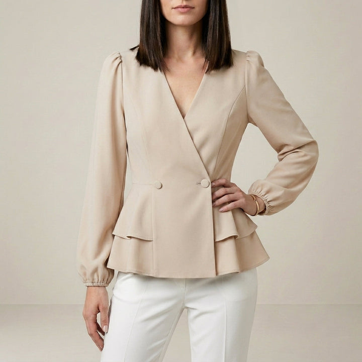 Duttini | Sculpted Tailored Peplum Wrap Blouse With Statement Sleeves