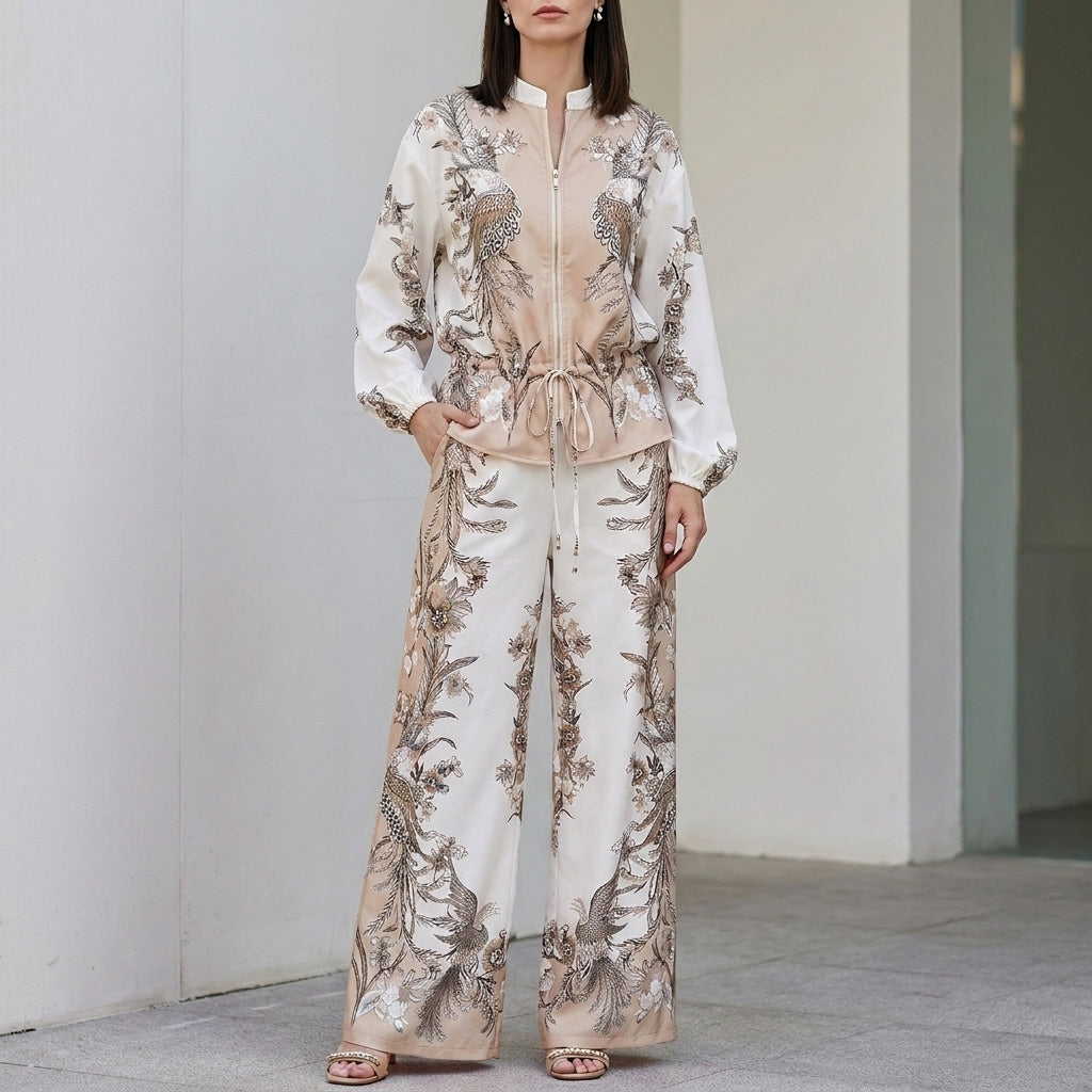 Duttini | Feminine Botanical Zip-Front Top And Wide-Leg Pants Ensemble