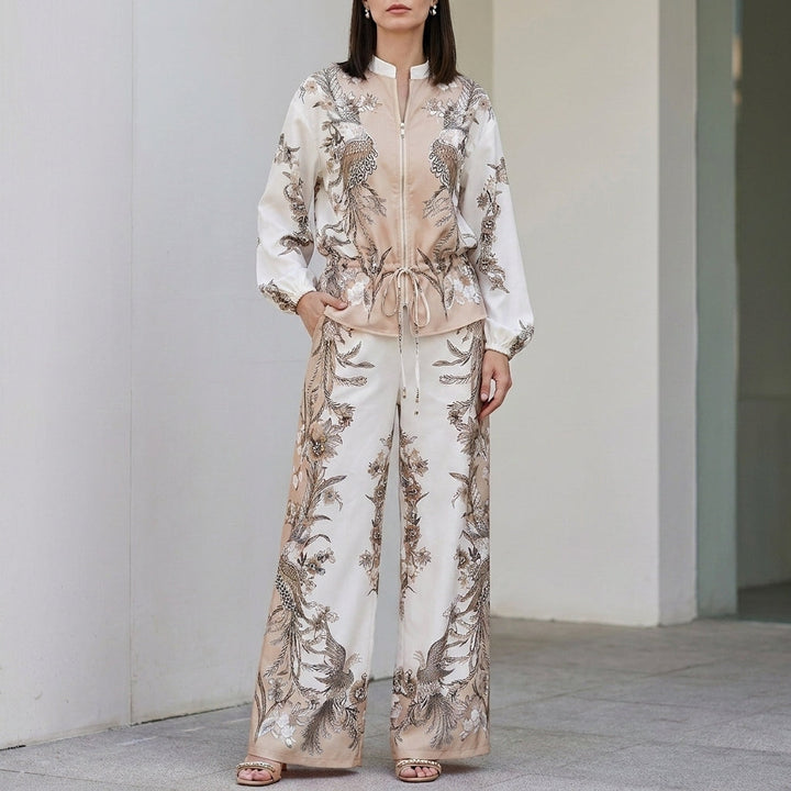 Duttini | Feminine Botanical Zip-Front Top And Wide-Leg Pants Ensemble