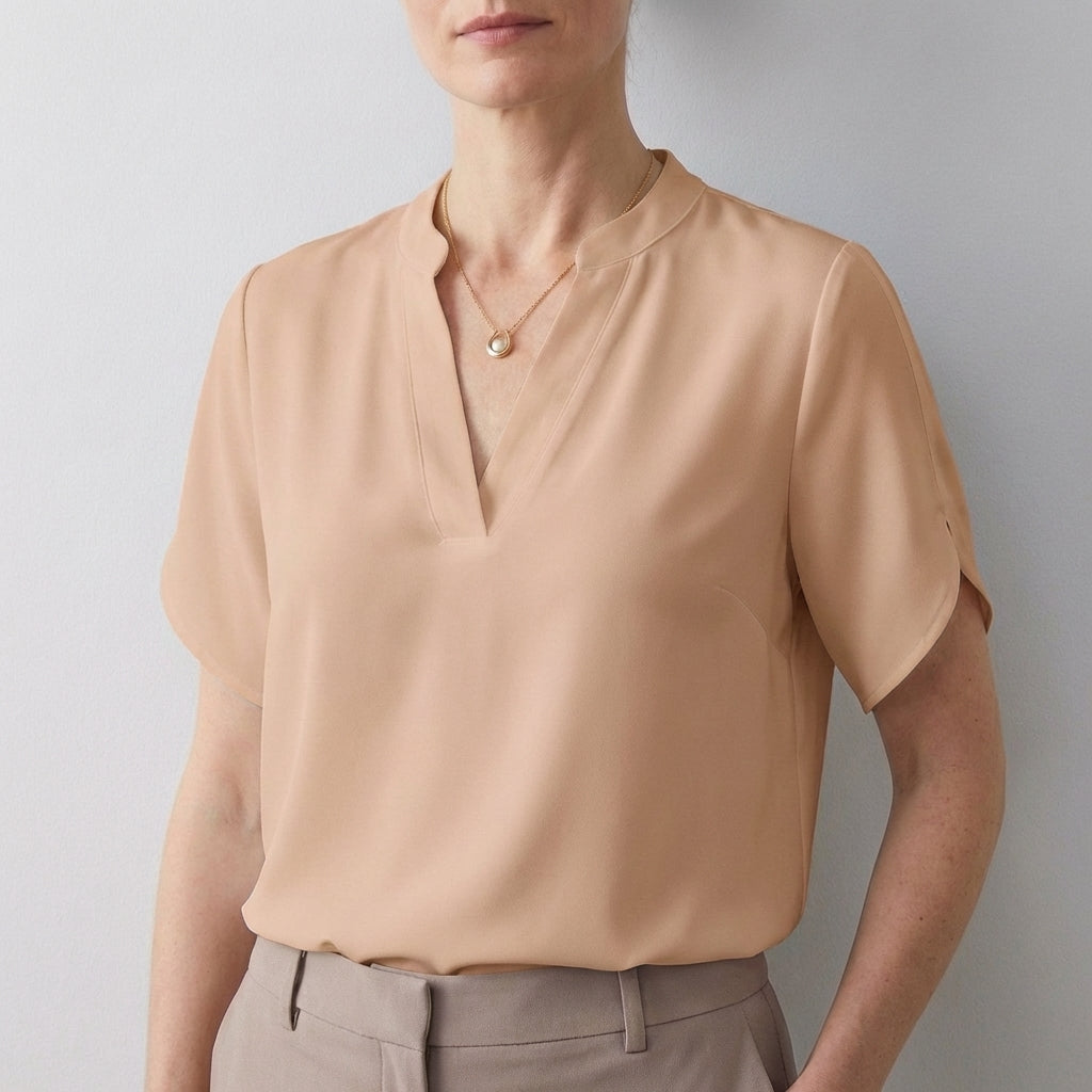 Duttini | Statement Dionne Relaxed V-Neck Blouse With Band Collar And Split Sleeves