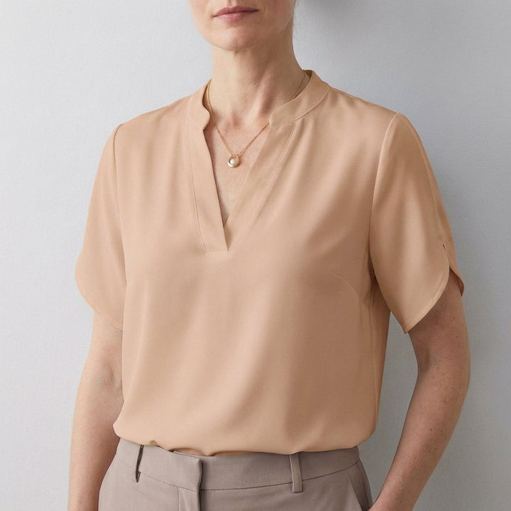 Duttini | Statement Dionne Relaxed V-Neck Blouse With Band Collar And Split Sleeves