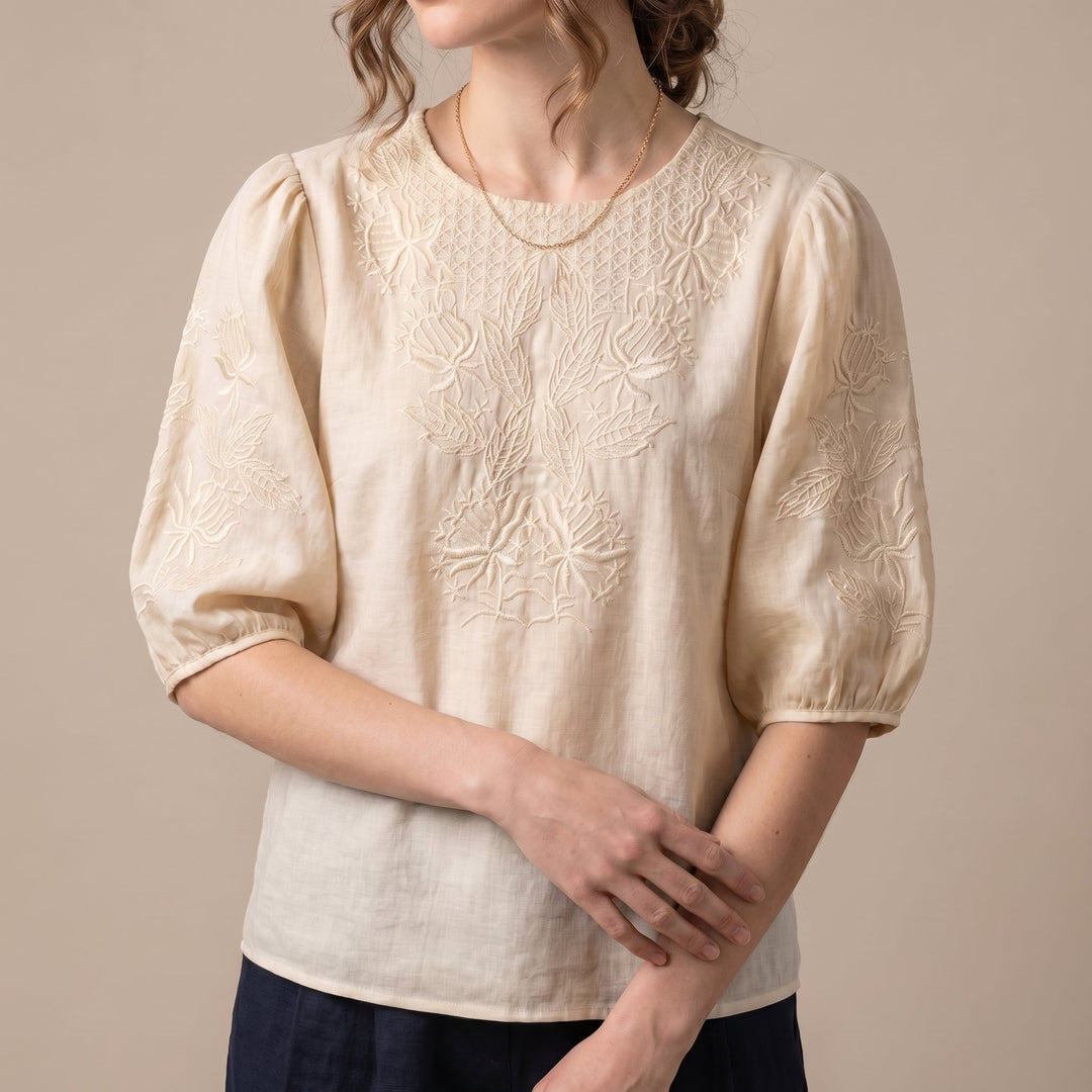 Duttini | Statement Relaxed Woven Top With Intricate Floral Embroidery And Puff Sleeves