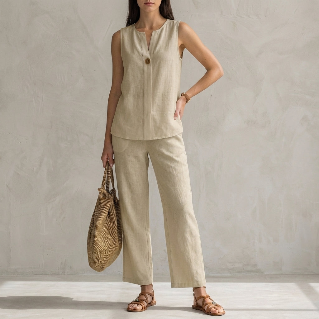 Duttini | Chic Minimalist Sleeveless V-Neck Vest And Flowing Wide-Leg Pants Set