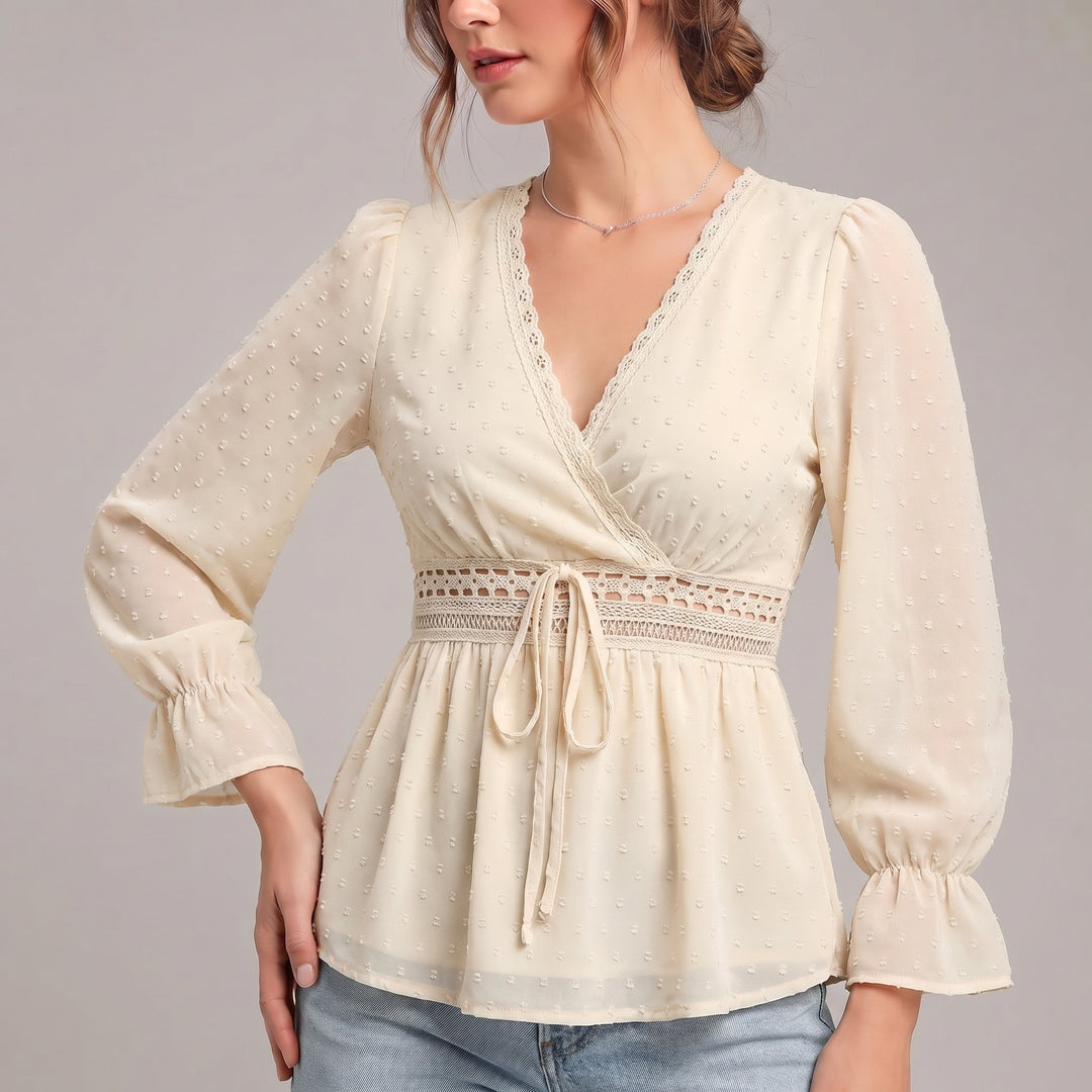Duttini | Romantic V-Neck Wrap Blouse With Lace Detailing And Ruffled Sleeves