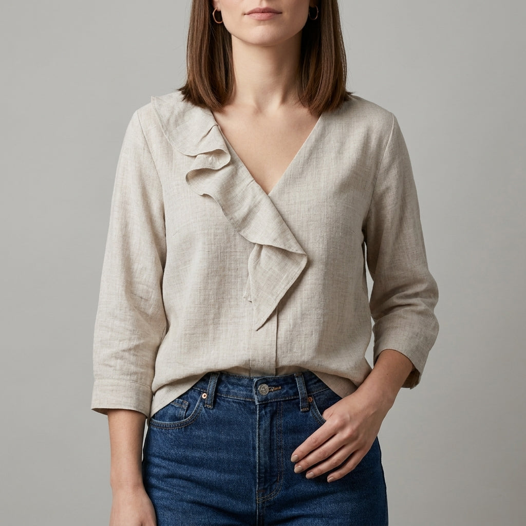 Duttini | Modern Willow Grace Ruffle Trim Relaxed V-Neck Blouse