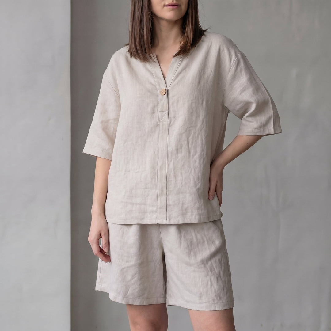 Duttini | Luxe Oversized Woven Two-Piece Set With V-Neck Shirt And High-Waist Shorts