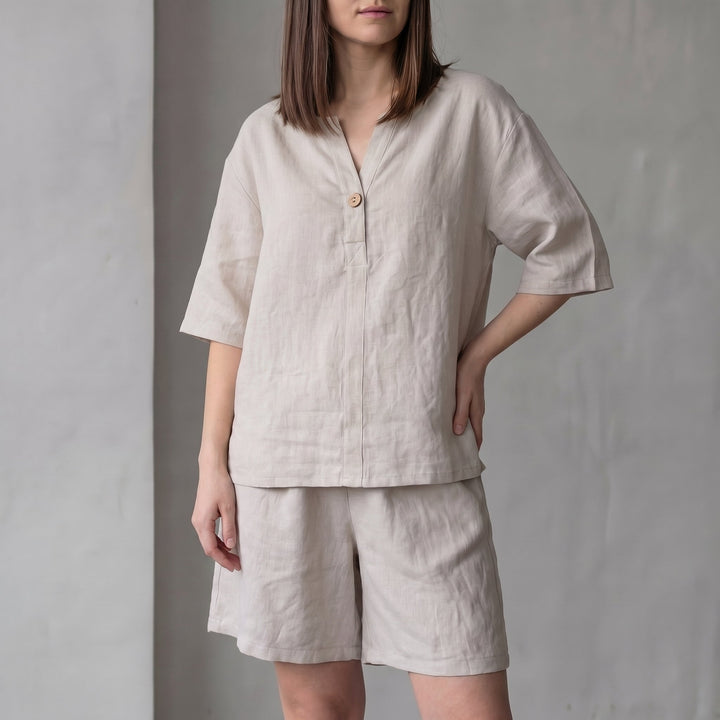 Duttini | Luxe Oversized Woven Two-Piece Set With V-Neck Shirt And High-Waist Shorts