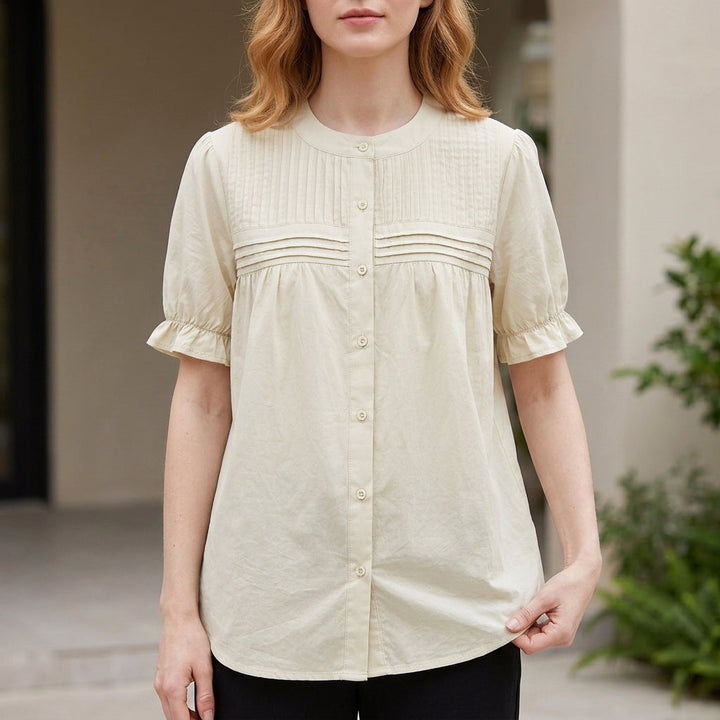 Duttini | Vintage Pintuck Button-Front Puff Sleeve Blouse