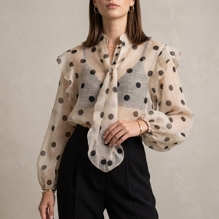 Duttini | Statement Sheer Polka Dot Blouse With Statement Tie Neck And Ruffle Details