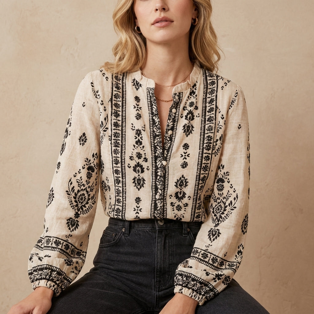 Duttini | Flowing French-Style Printed Blouse With Mandarin Collar And Gathered Cuffs