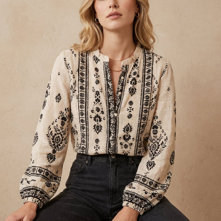 Duttini | Flowing French-Style Printed Blouse With Mandarin Collar And Gathered Cuffs