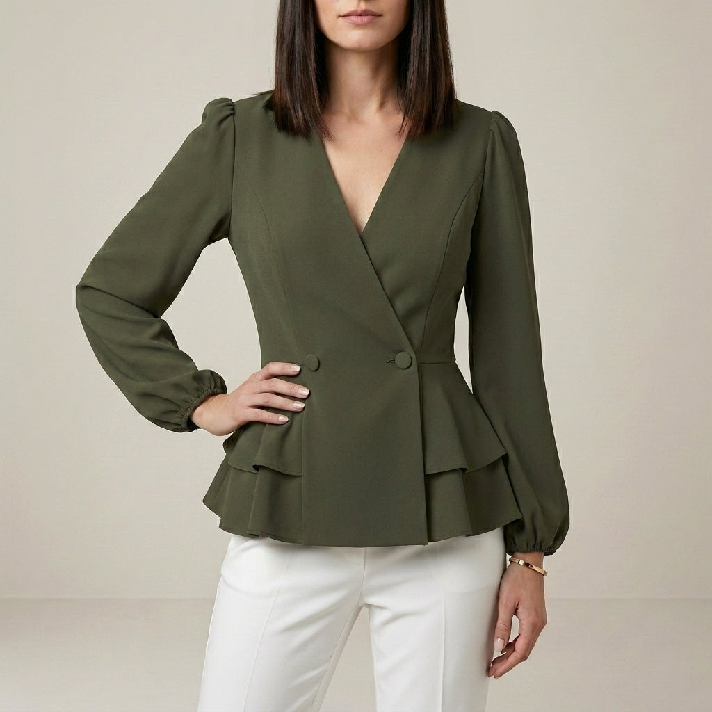 Duttini | Sculpted Tailored Peplum Wrap Blouse With Statement Sleeves