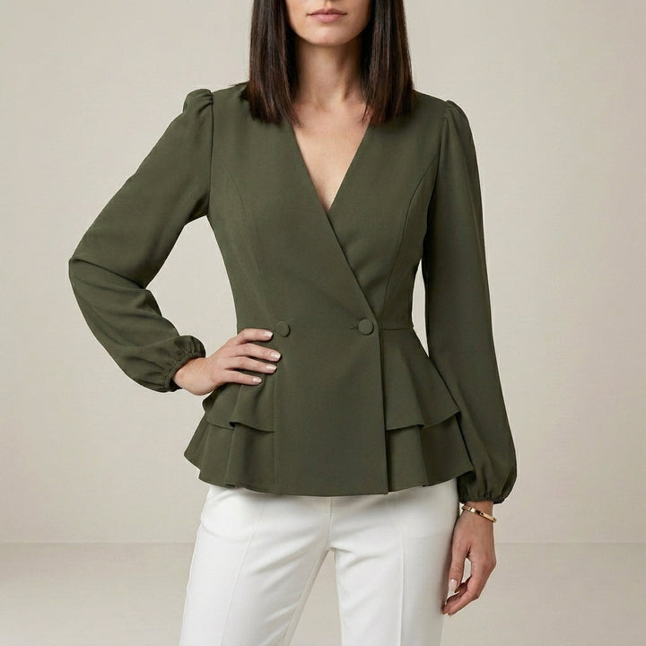 Duttini | Sculpted Tailored Peplum Wrap Blouse With Statement Sleeves