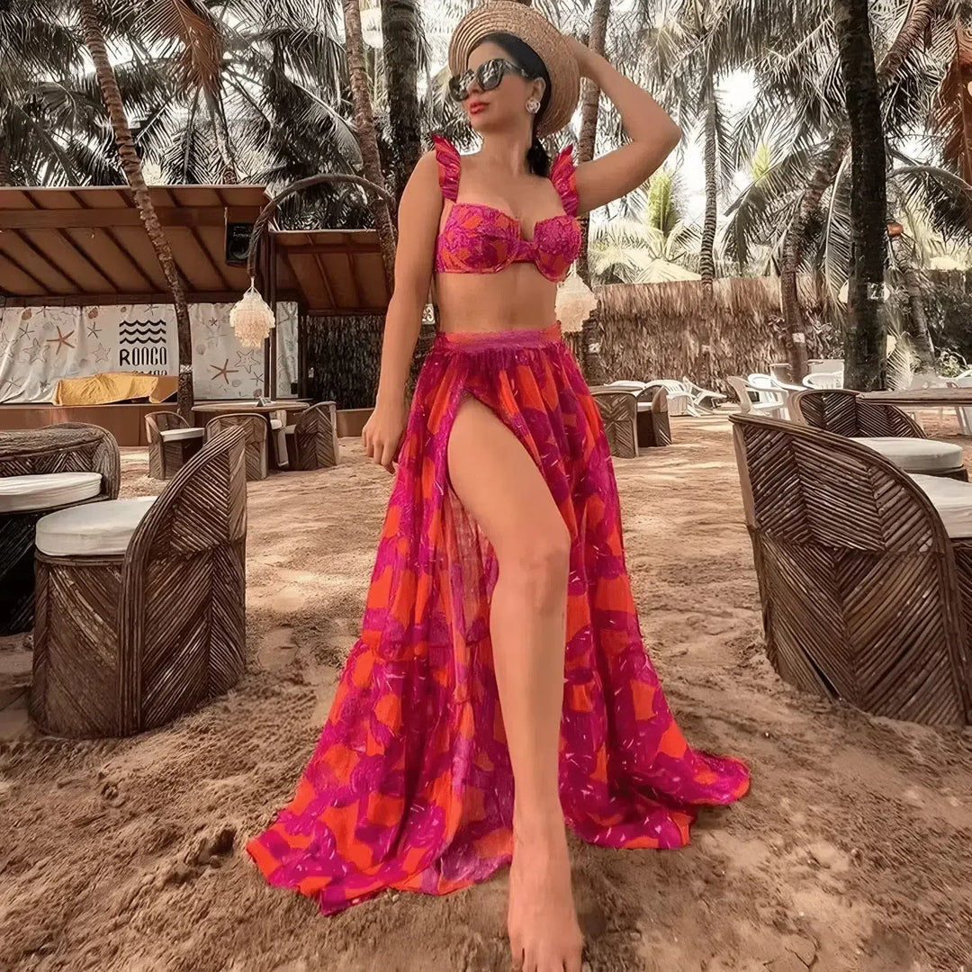 Duttini | Ruffled Bikini and Slit Skirt Set - Pink