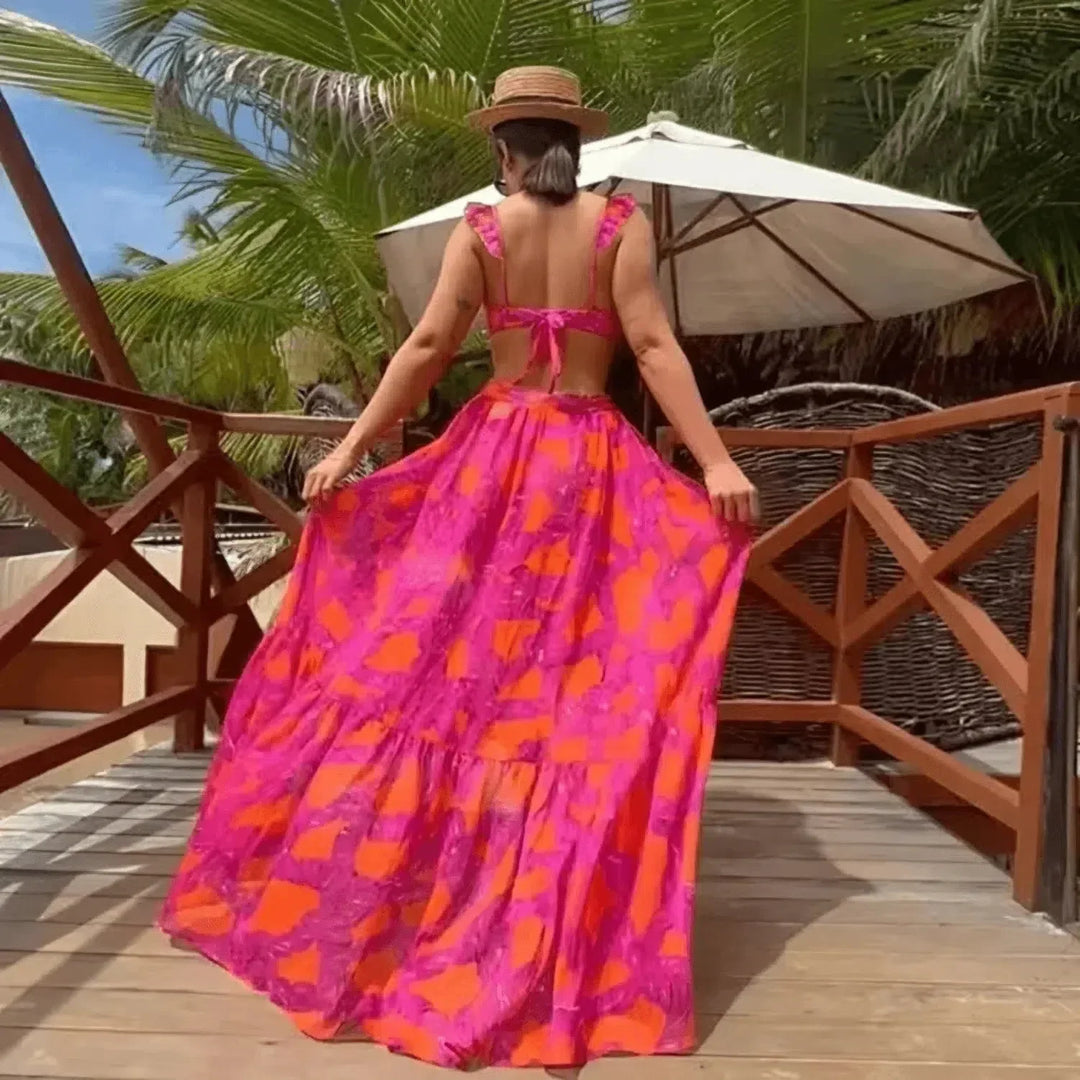 Duttini | Ruffled Bikini and Slit Skirt Set - Pink