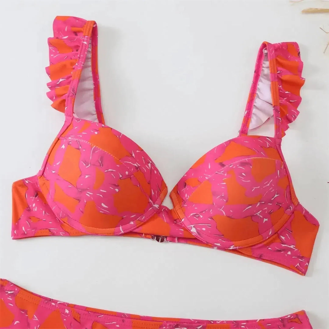 Duttini | Ruffled Bikini and Slit Skirt Set - Pink