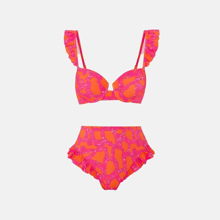 Duttini | Ruffled Bikini and Slit Skirt Set - Pink