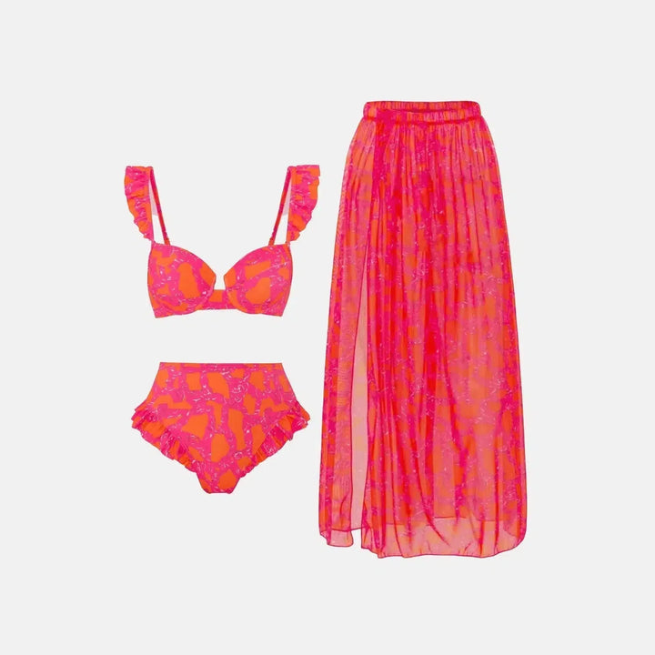 Duttini | Ruffled Bikini and Slit Skirt Set - Pink