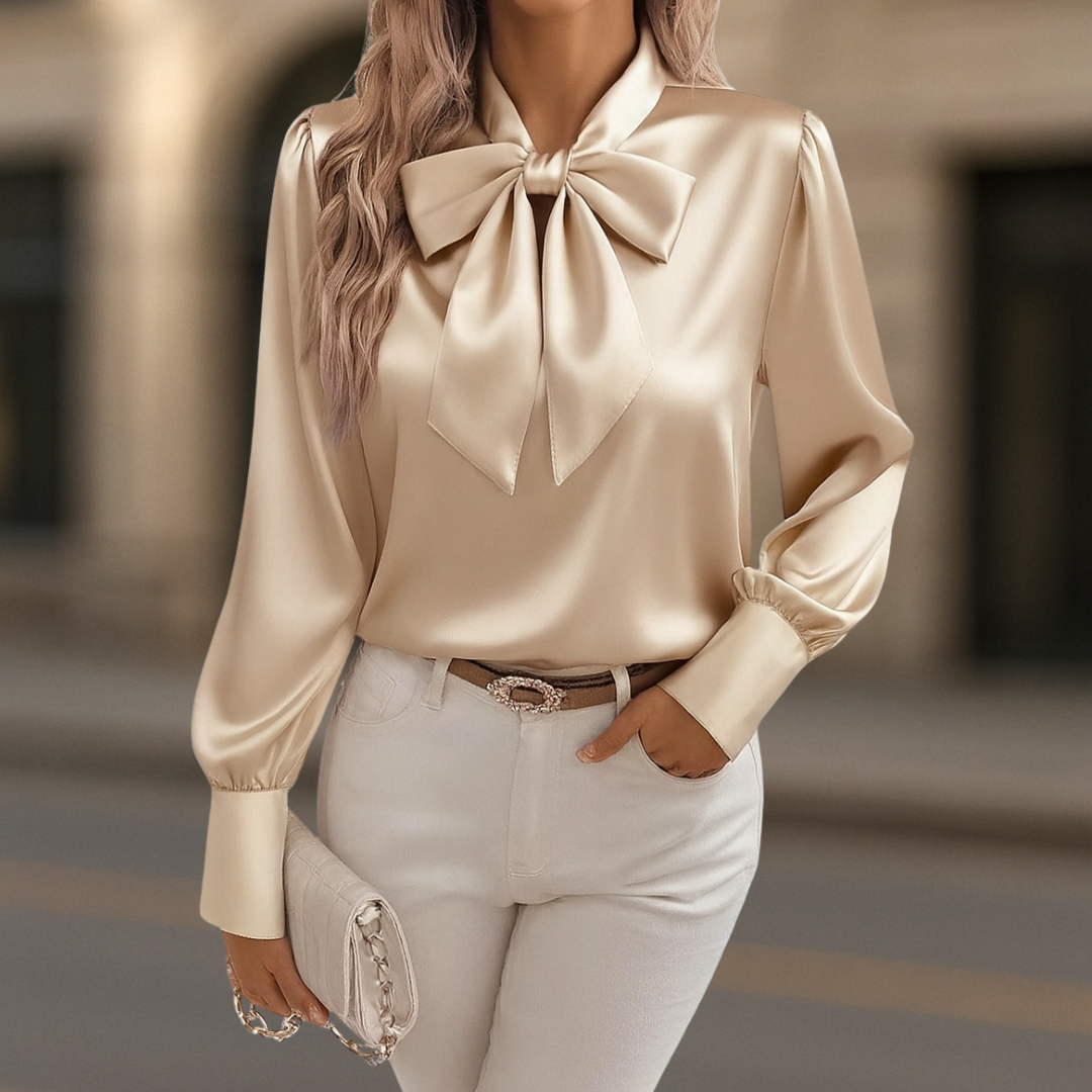 Duttini | Flowing Silky Satin Relaxed Blouse With Oversized Bow And Puffed Sleeves
