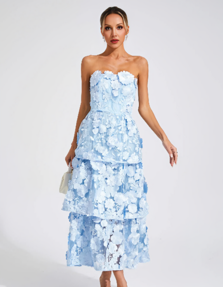 Duttini | 3D Floral Tiers Strapless Midi Dress