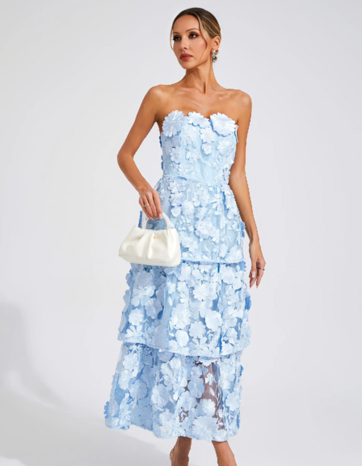 Duttini | 3D Floral Tiers Strapless Midi Dress