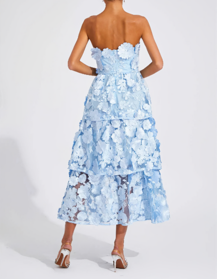 Duttini | 3D Floral Tiers Strapless Midi Dress