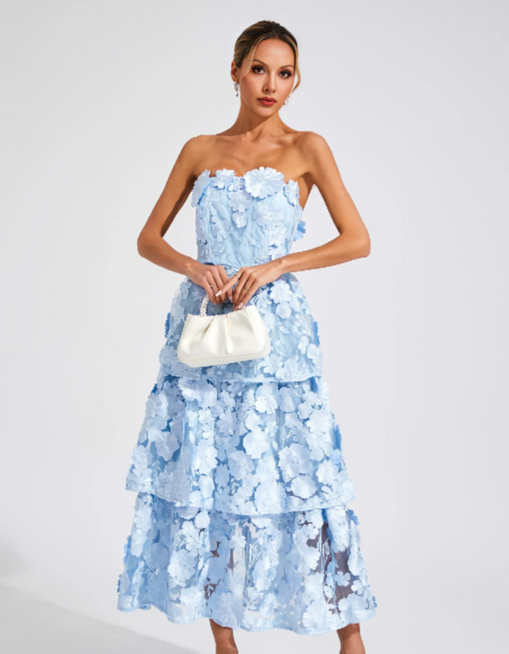 Duttini | 3D Floral Tiers Strapless Midi Dress